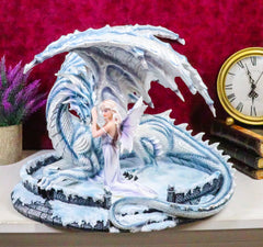 Large 15" Long Winter Blizzard Fairy with Giant White Dragon Statue-1