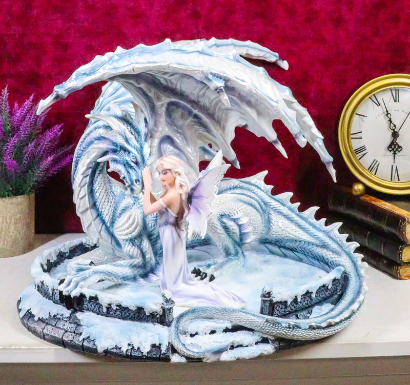 Large 15" Long Winter Blizzard Fairy with Giant White Dragon Statue-1