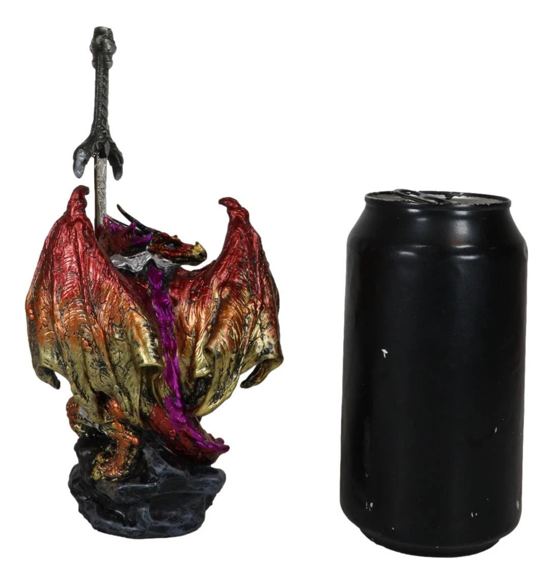 Red Metallic Fire Knight Dragon With Orb and Gothic Sword Letter Opener Figurine-3