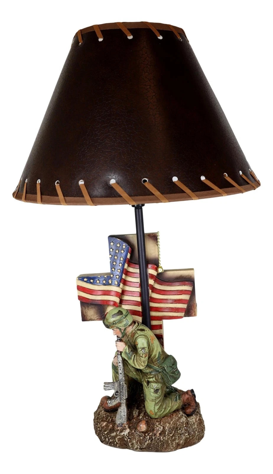 Patriotic Soldier With Rifle Kneeling By American Flag Cross Memorial Table Lamp-4