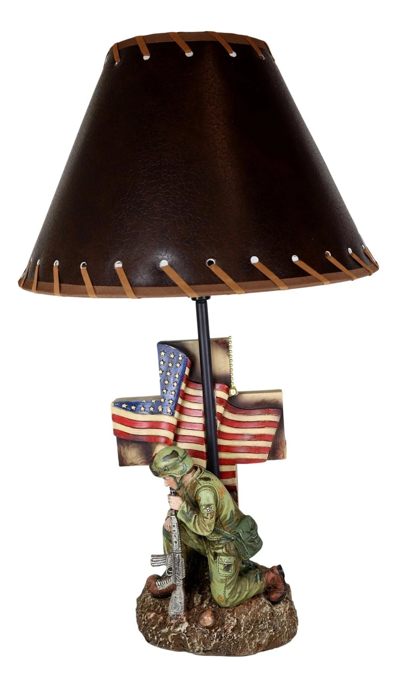 Patriotic Soldier With Rifle Kneeling By American Flag Cross Memorial Table Lamp-4