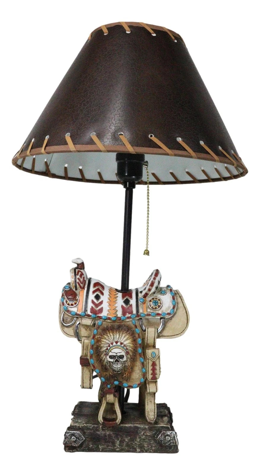 Southwestern Navajo Indian Chief Skull Headdress Cowboy Horse Saddle Table Lamp-3