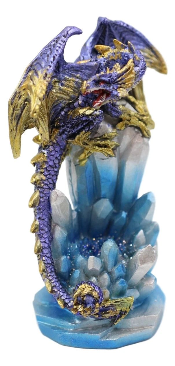 Purple And Gold Cosmic Dragon On Blue Crystal Stalactite Rock LED Light Statue-3