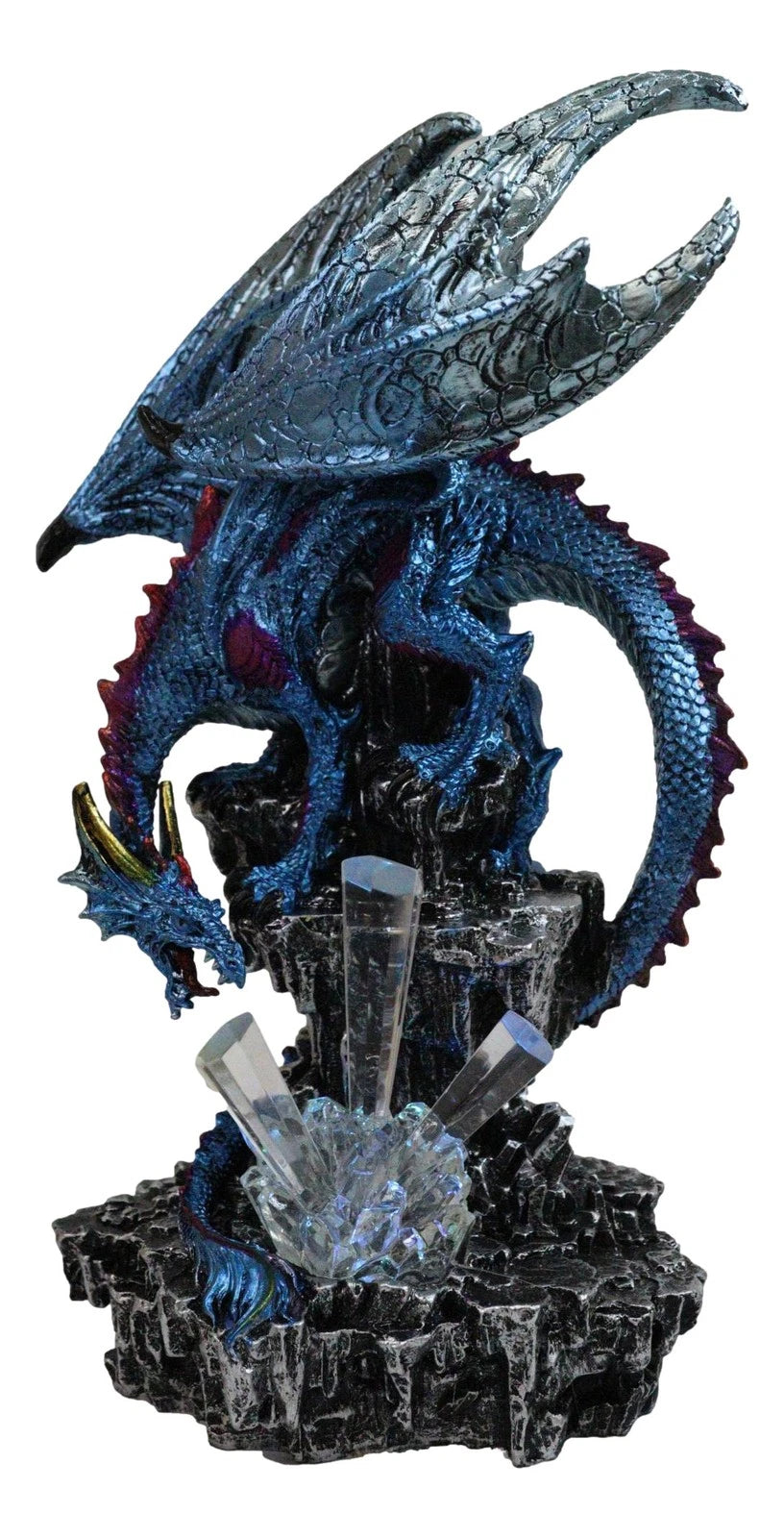 Metallic Blue Dragon with Magenta Spikes Guarding Bottle Ice Crystals Figurine-4