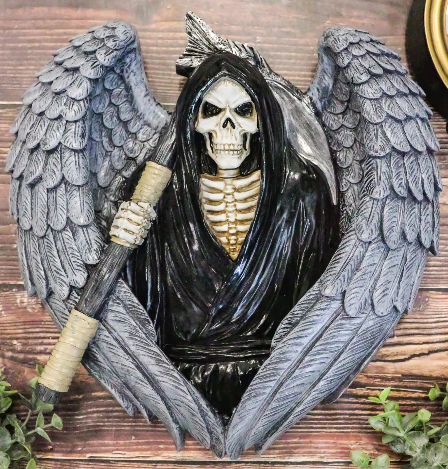 Gothic Grim Reaper Skeleton with Angel Wings Holding Scythe Heart Wall Decor-1