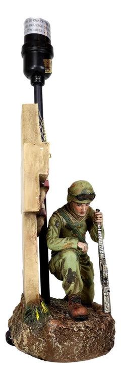 Patriotic Soldier With Rifle Kneeling By American Flag Cross Memorial Table Lamp-5
