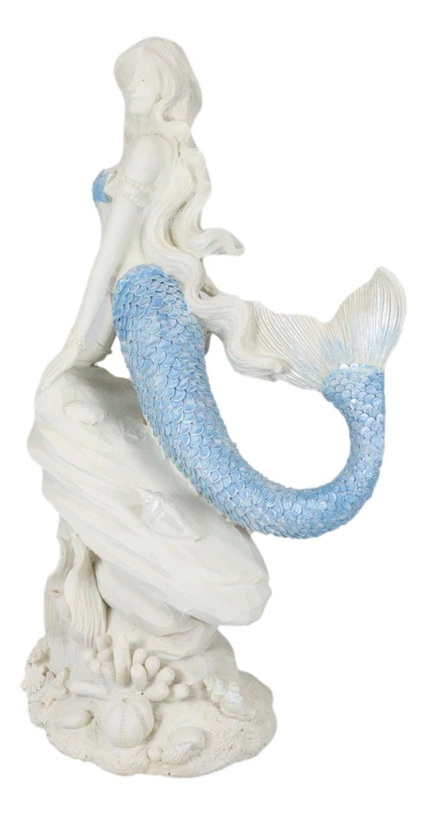 Figura de sirena de cola azul océano sentada sobre una roca marina, 11.5" de alto-2