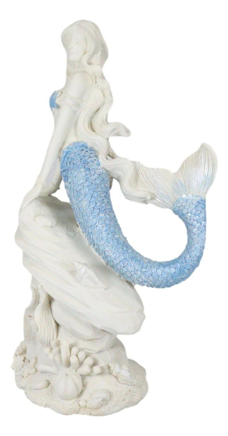 Figura de sirena de cola azul océano sentada sobre una roca marina, 11.5" de alto-2