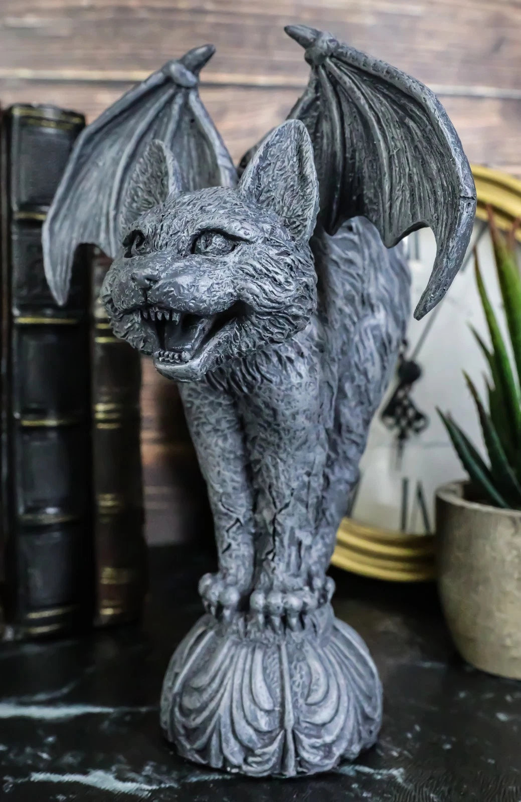 Bizarre Gothic Eureka Bat Winged Cat Gargoyle Statue 7"H Stoic Feline Guardian-2