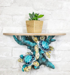 Marine Blue Sea Turtles Swimming by Ocean Corals Floating Wall Bracket Shelf-1