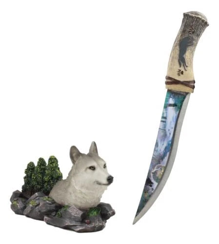 Gray Wolf In Forest Centerpiece With Hunting Knife Letter Opener Statue-6