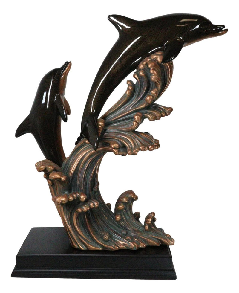 Large 23"H Nautical Marine 2 Bottlenose Dolphins Leaping Over Ocean Waves Statue-7