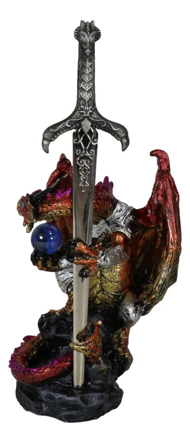 Red Metallic Fire Knight Dragon With Orb and Gothic Sword Letter Opener Figurine-4