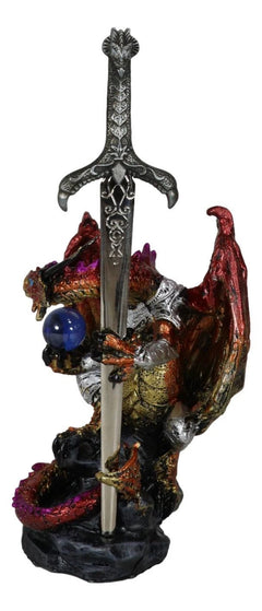 Red Metallic Fire Knight Dragon With Orb and Gothic Sword Letter Opener Figurine-4
