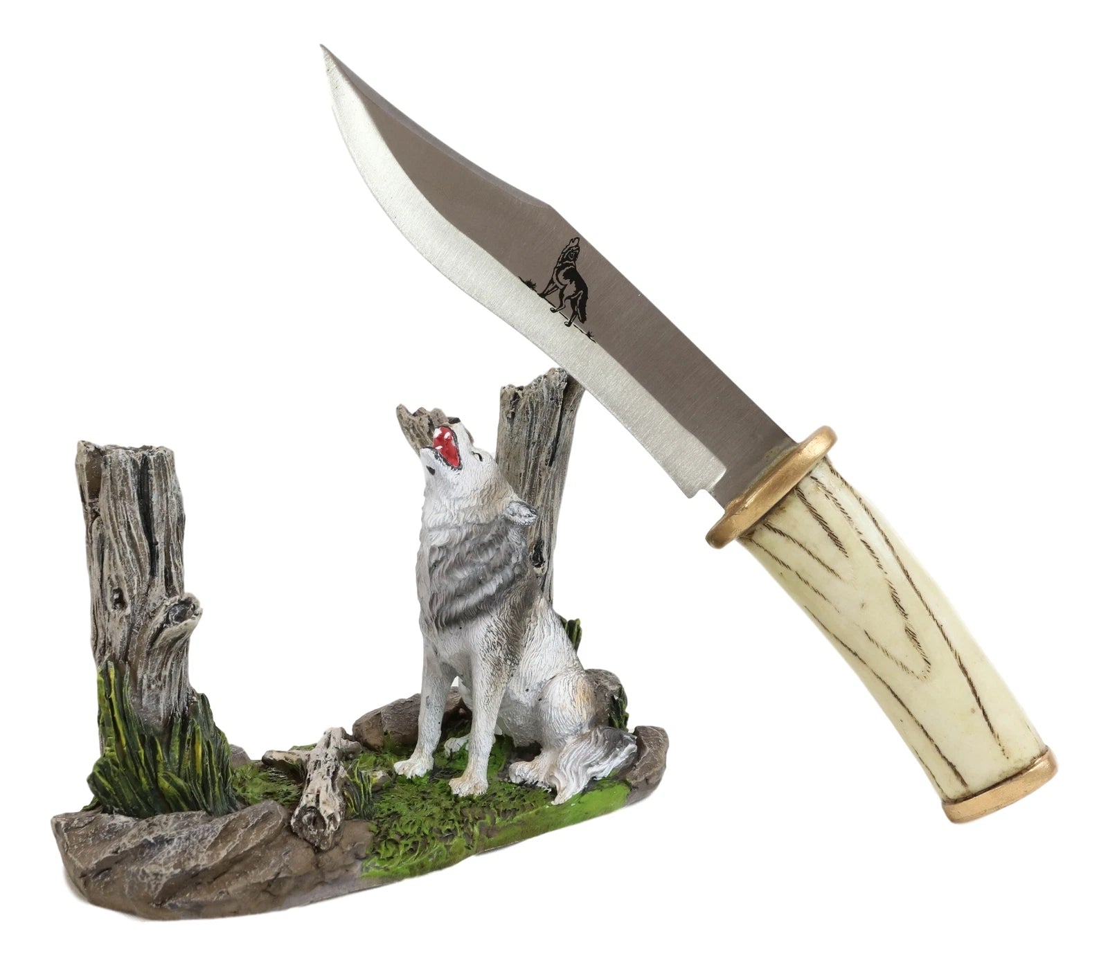 Rustic Forest Howling Gray Wolf Display With Decorative Dagger Knife Statue Set-6