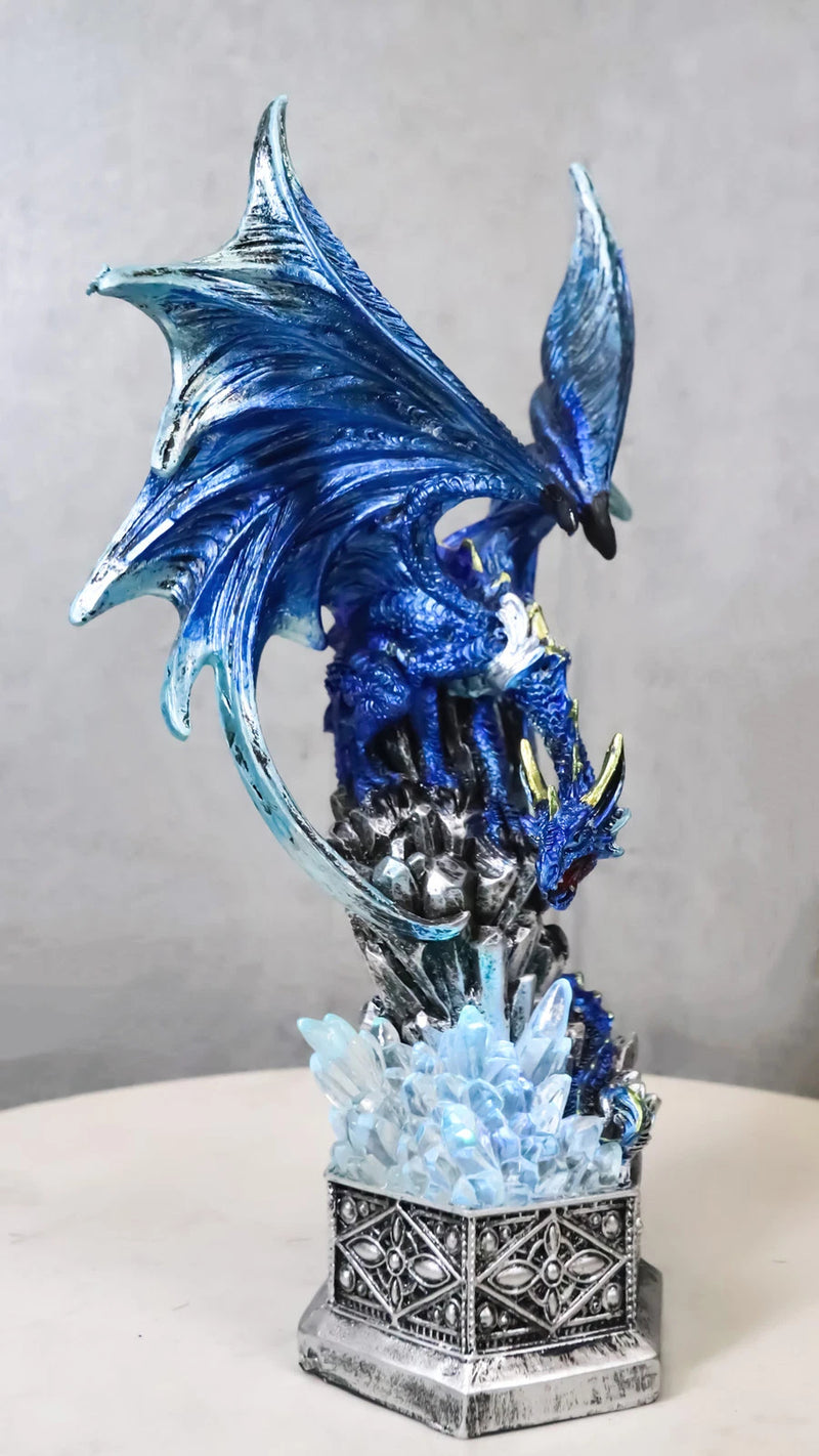 Armored Blue Guardian Water Elemental Dragon On LED Crystals Pedestal Figurine-1