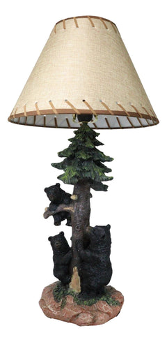 Rustic Western Forest Black Mama Bear With Cubs Climbing On Pine Tree Table Lamp-5