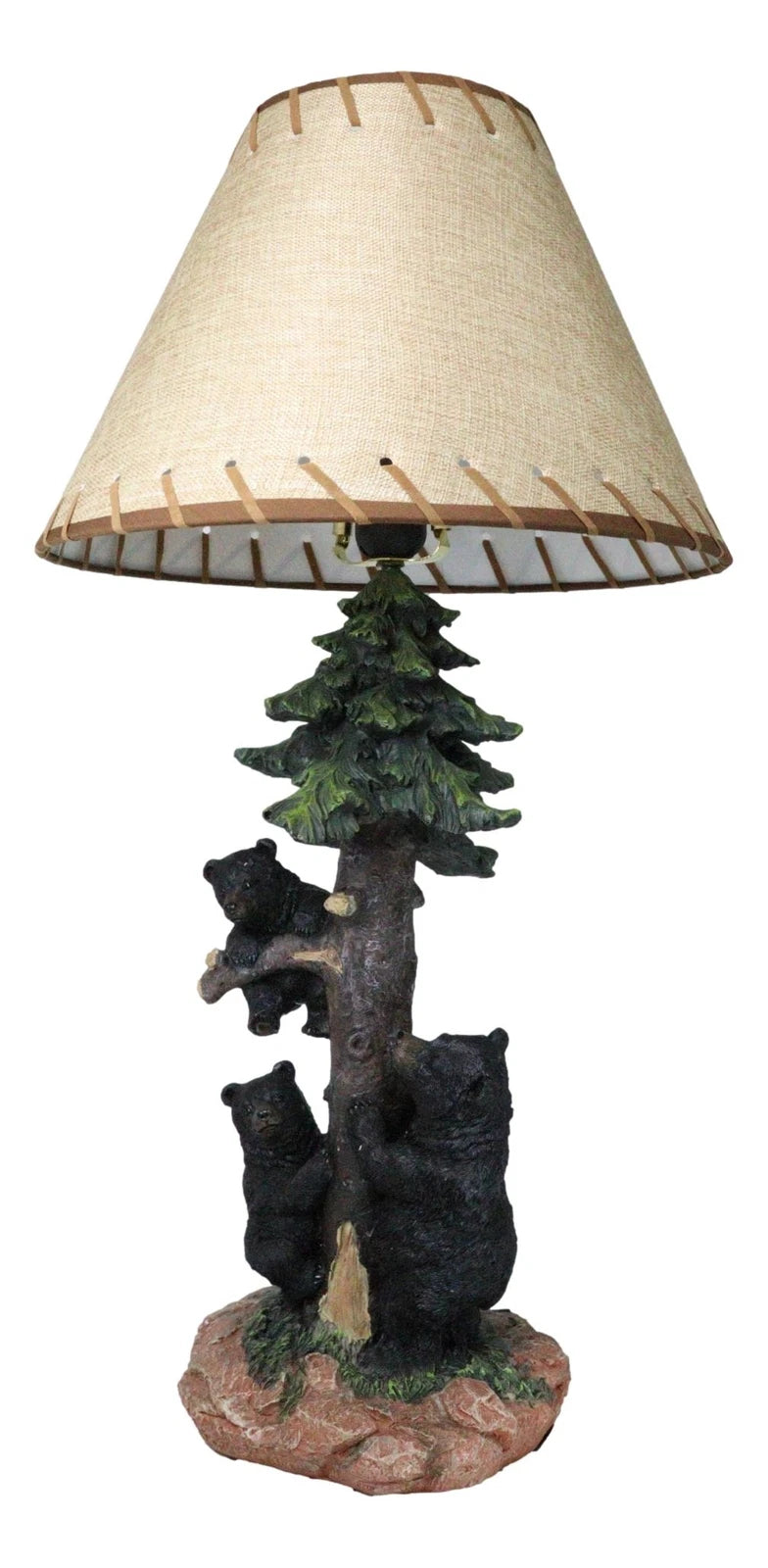Rustic Western Forest Black Mama Bear With Cubs Climbing On Pine Tree Table Lamp-5