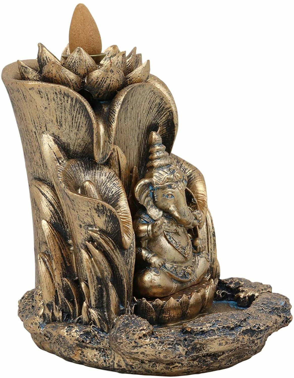 Golden Ganesha Seated On Lotus Backflow Cone Incense Burner Statue 5.25" H-3