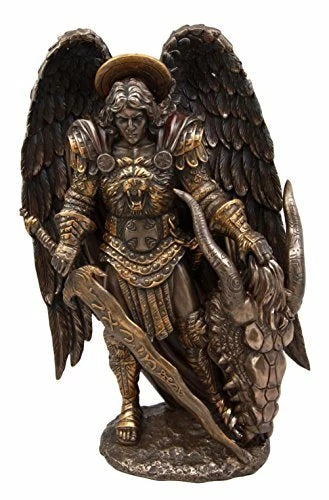 Saint Archangel Warrior Michael Holding Satan Dragon Head Figurine 10.75"H-5