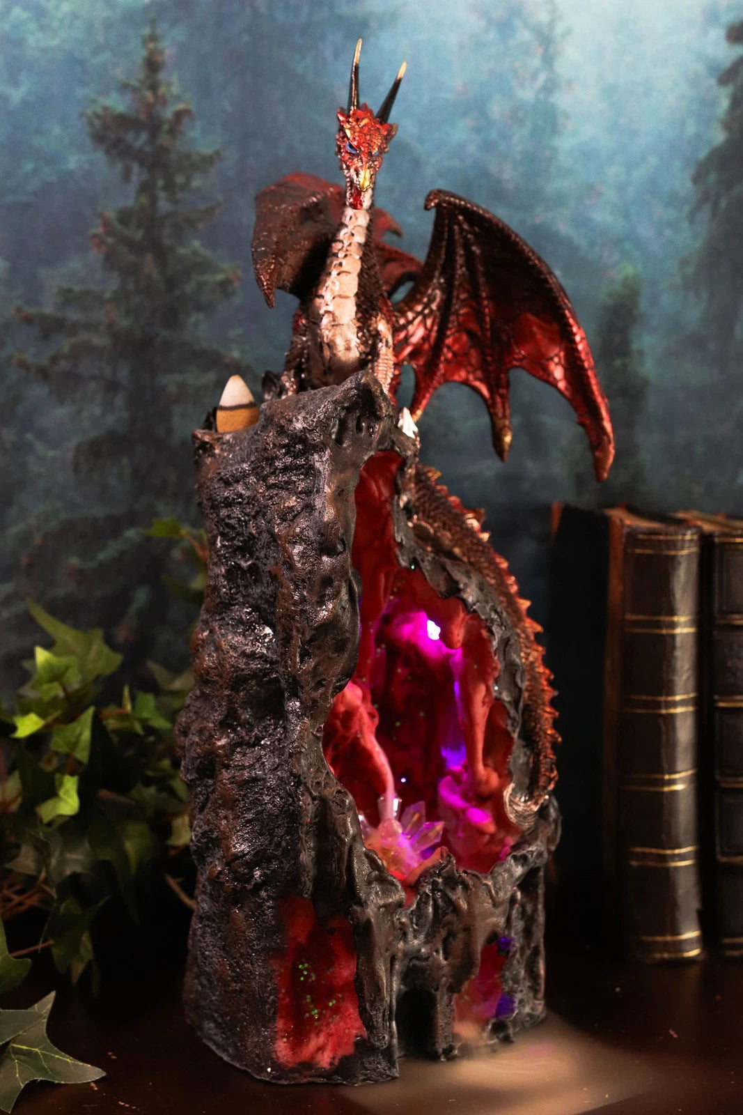 Sapphire Dragon On LED Crystal Mountain Backflow Incense Burner Figurine-5