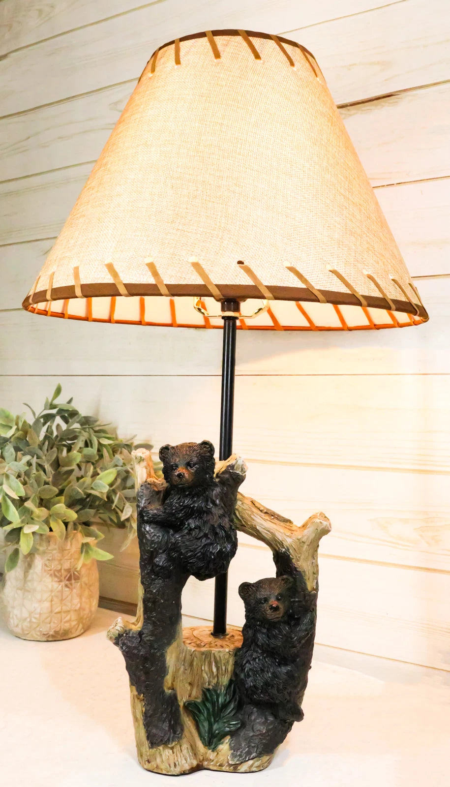 Rustic Western Whimsical Forest Playful Black Bear Cubs Climbing Tree Table Lamp-1
