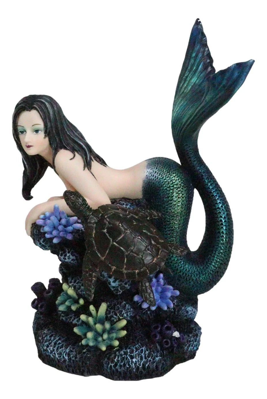 Siren Mermaid With Iridescent Tail And Turtle Companion By Coral Rocks Statue-4
