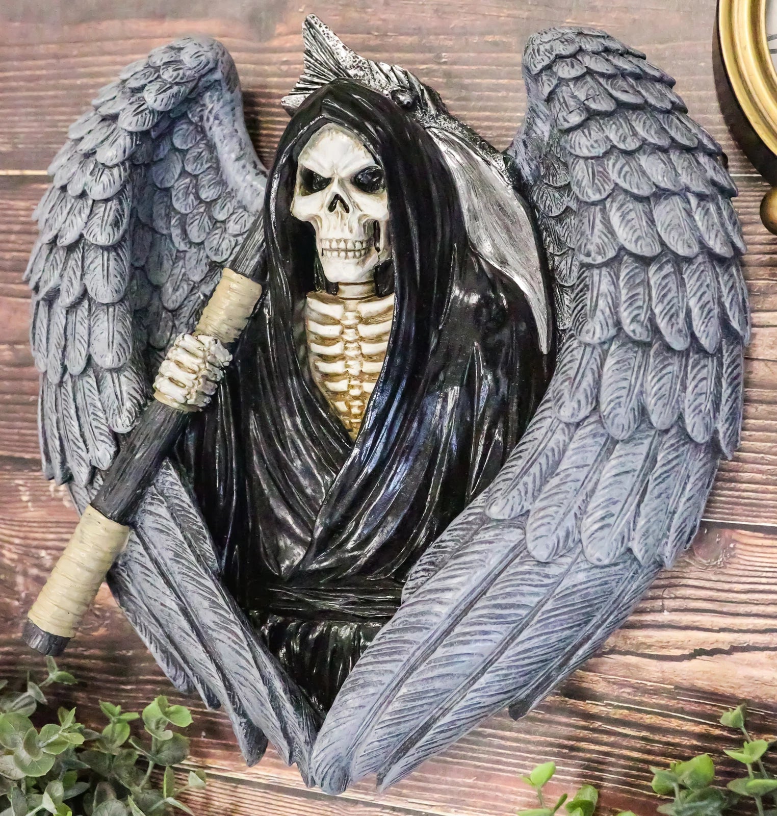 Gothic Grim Reaper Skeleton with Angel Wings Holding Scythe Heart Wall Decor-5