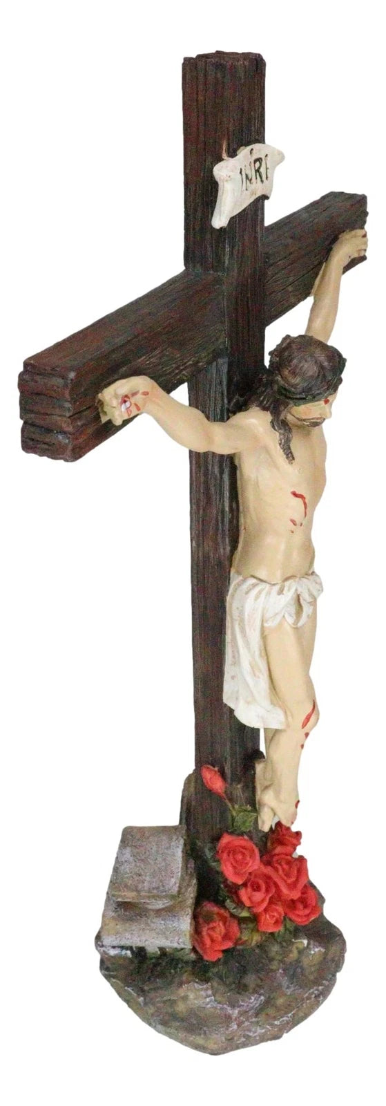 Jesus Christ On Cross W/ Rose of Sharon Base Decorative Crucifix Statue-5