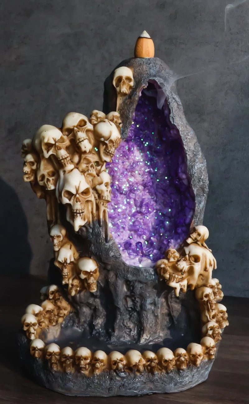 Gothic Melting Skulls Faux Geode Crystals LED Light Cave Backflow Incense Burner-1