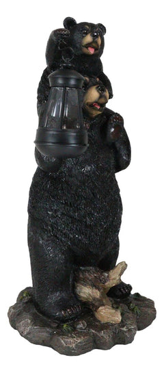 Rustic Black Bear Carrying Cub On Shoulder Statue Solar LED Lantern Light Decor-5
