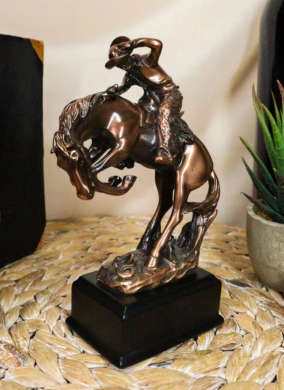 Western Rodeo Wild Cowboy With Bucking Horse Bronze Electroplated Figurine-1