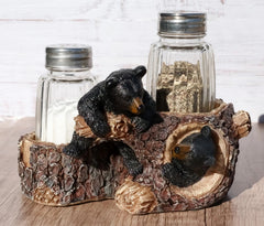 Rustic Forest 2 Black Bear Cubs Playing By Tree Logs Salt Pepper Shakers Holder-1