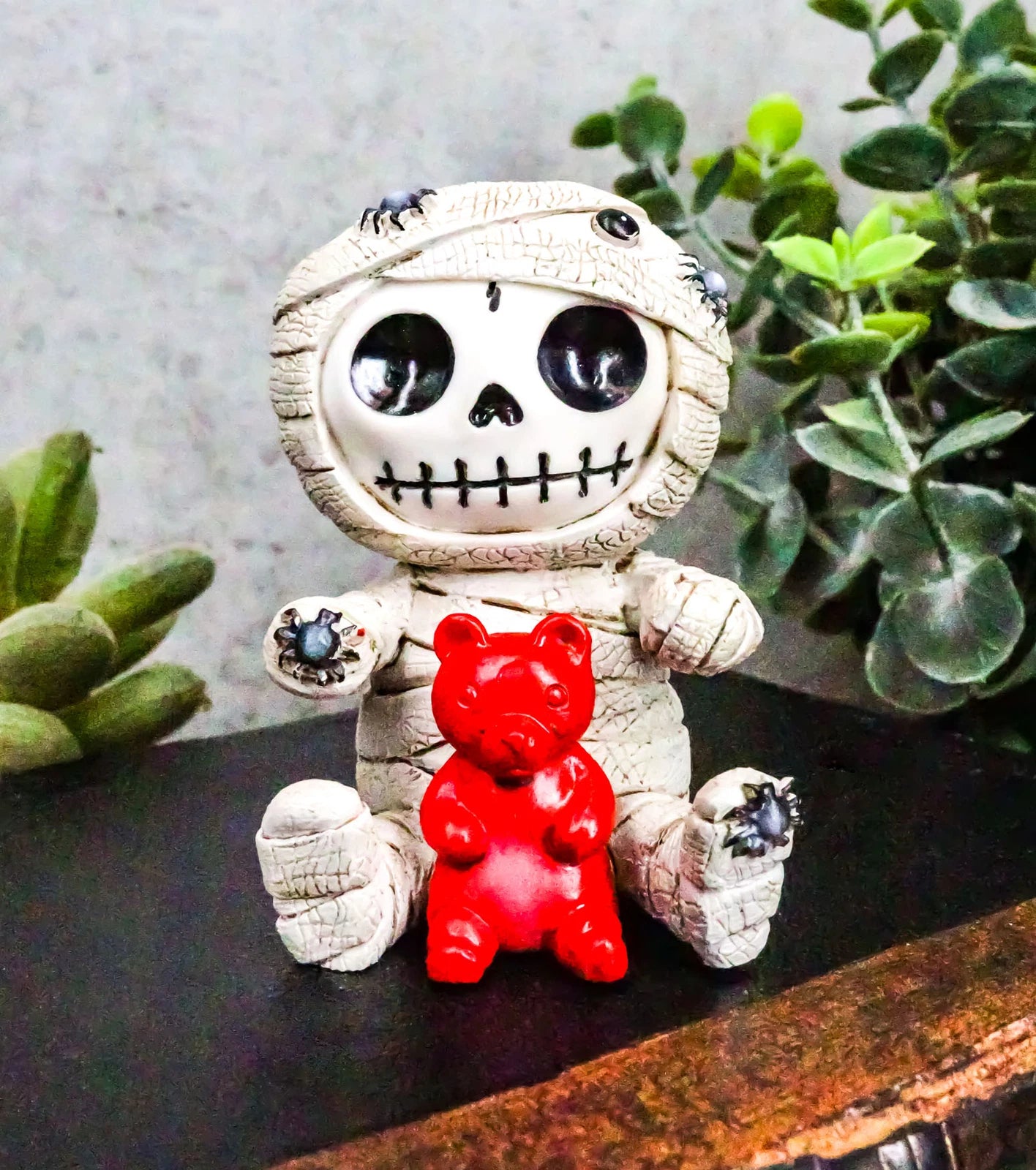 Furrybones Mummy Sarcophagus with Red Teddy Bear & Spiders Figurine 2.75"H-1