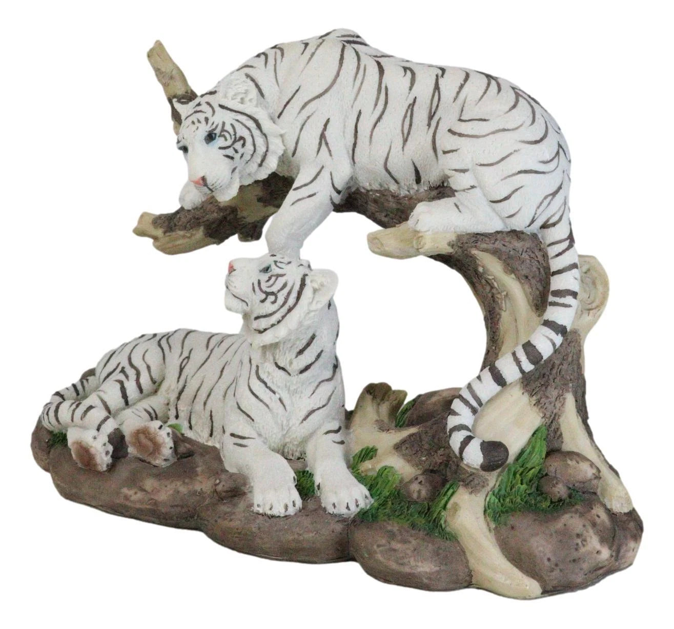Figura de árbol curvado de pareja de tigres blancos de Bengala siberianos que retozan en la jungla-4