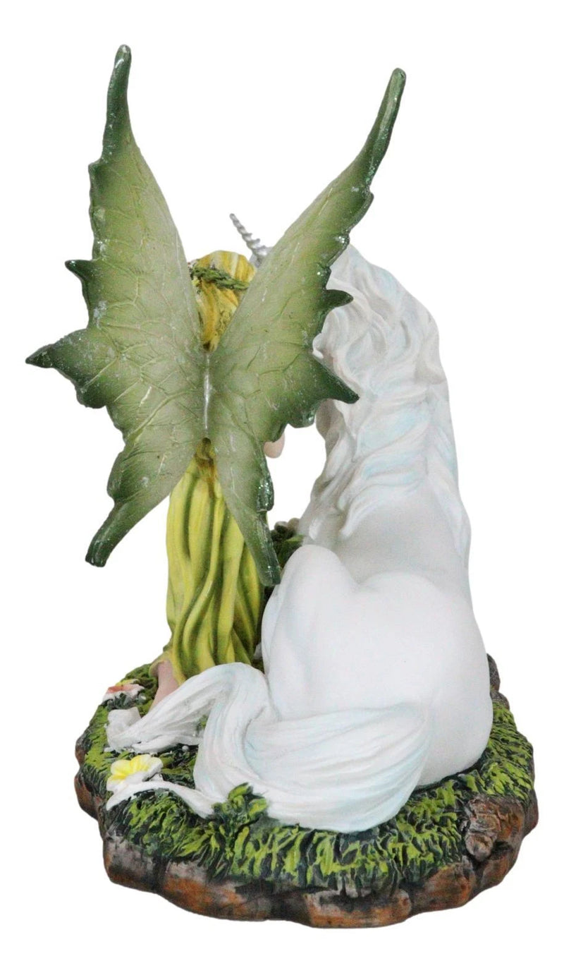 Green Earth Gaia Fairy With Rare Floral White Unicorn Statue Decor Figurine 7"L-5