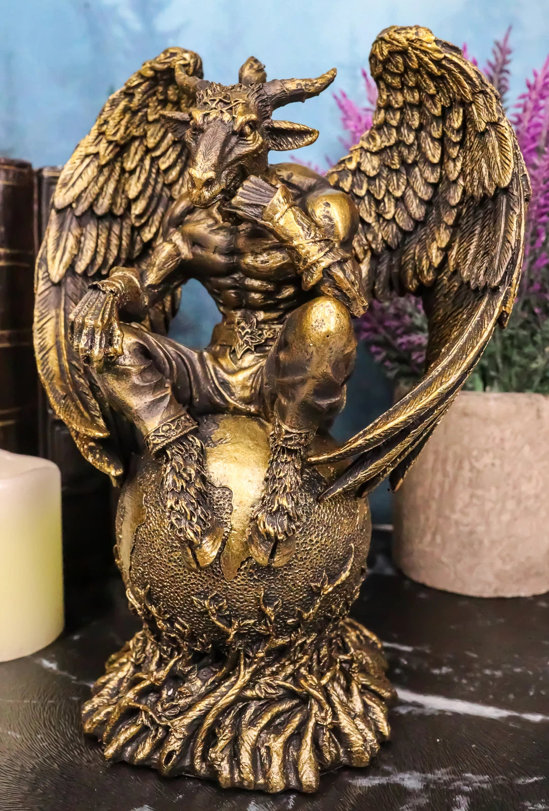 Sabbatic Goat The Thinker Baphomet Sitting On The Globe Statue 7.75"Tall-6