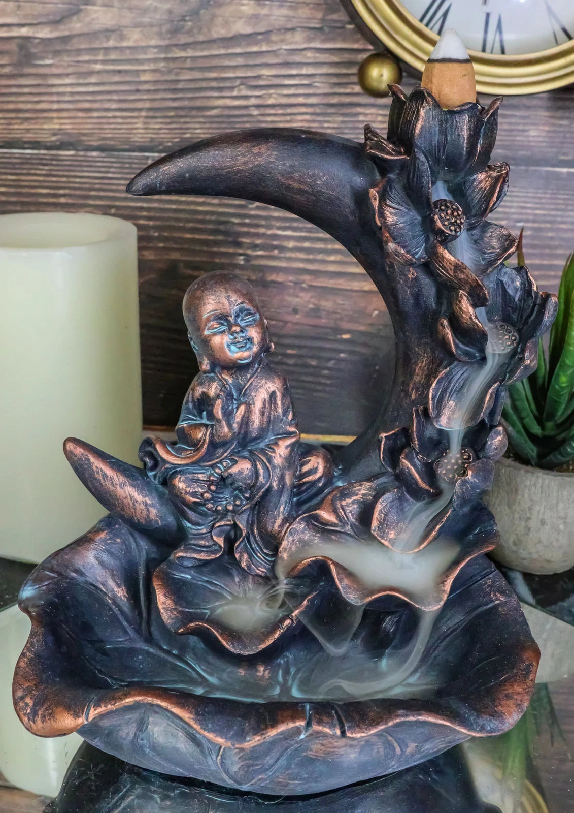 Buddha Monk On Lotus Crescent Moon Smoke Waterfall Backflow Cone Incense Burner-1