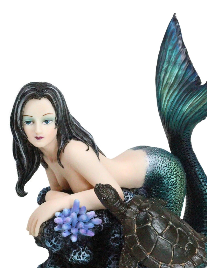 Siren Mermaid With Iridescent Tail And Turtle Companion By Coral Rocks Statue-7