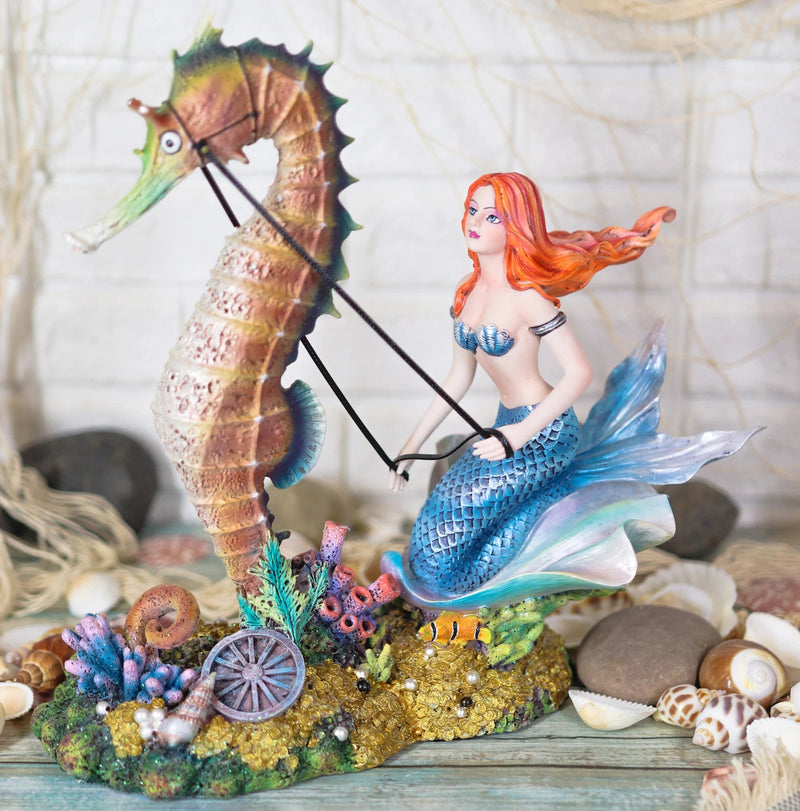 Nouveau Nautical Ocean Mermaid On Clam Riding Seahorse Chariot Statue 10"H-4
