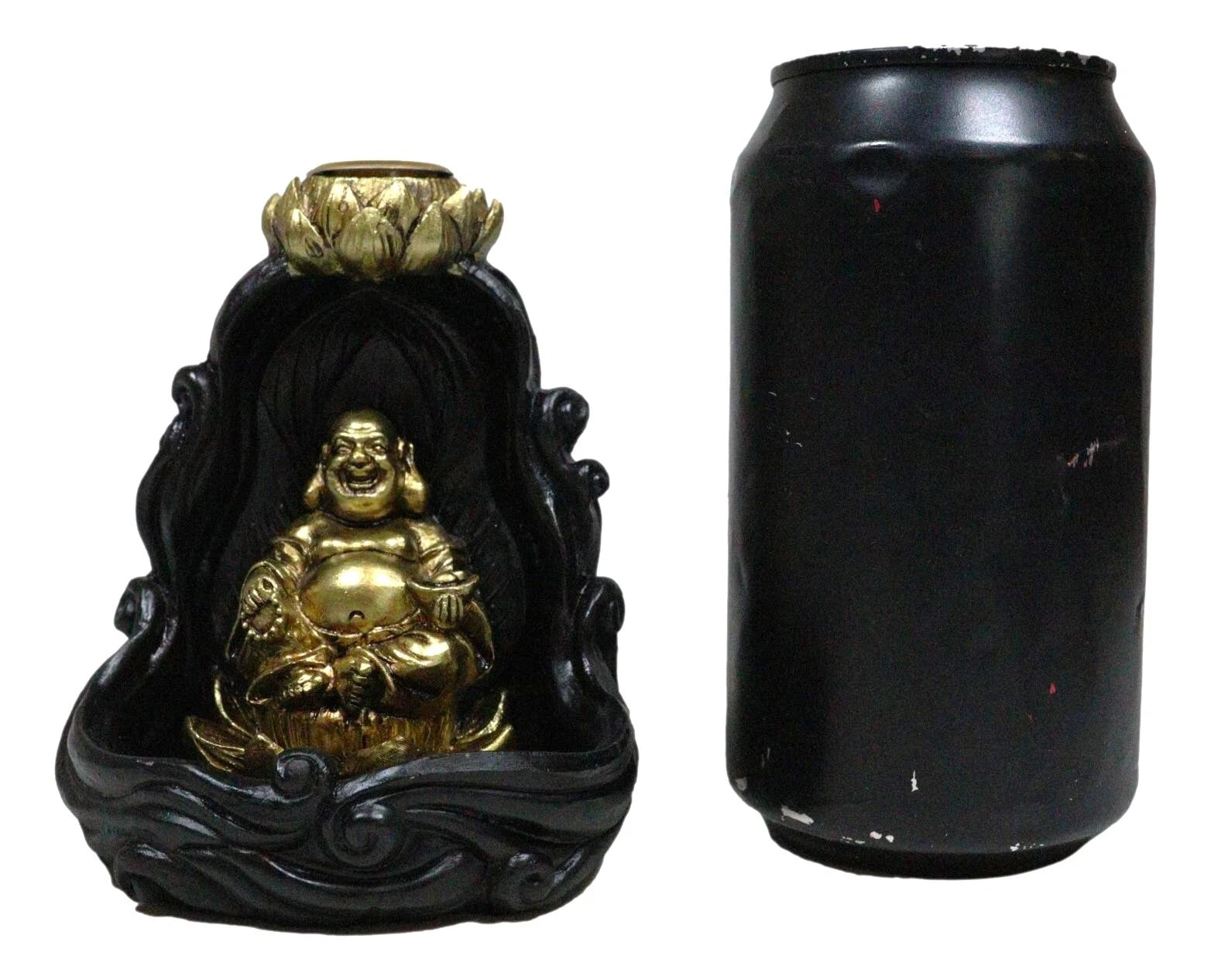 Golden Laughing Buddha Hotei On Black Cloud Lotus Backflow Incense Cone Burner-7