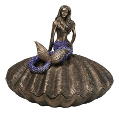 Beautiful Mermaid Sitting On Giant Sea Shell Decorative Jewelry Box Figurine-2