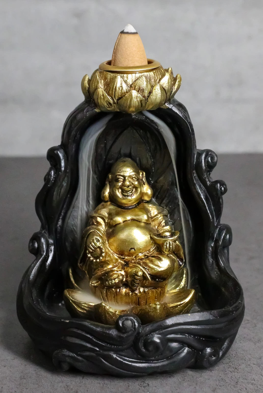 Golden Laughing Buddha Hotei On Black Cloud Lotus Backflow Incense Cone Burner-1