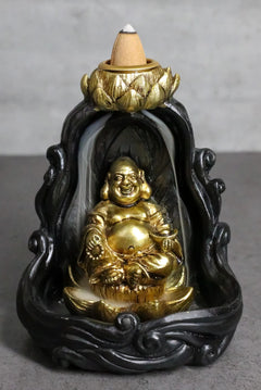 Golden Laughing Buddha Hotei On Black Cloud Lotus Backflow Incense Cone Burner-1