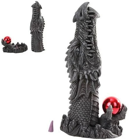 Red Orb Grendel Dragon Head Emerging From Ground Cone Incense Burner Sculpture-6