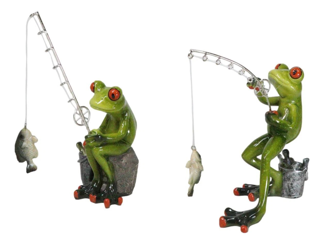 Pack of 2 Favorite Pastime Green Frogs Besties Rod Fishing by The Pond Figurines-6