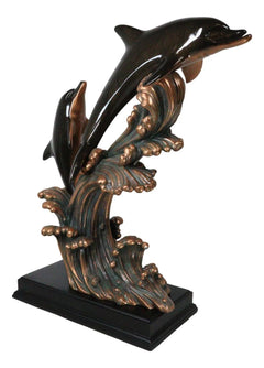 Large 23"H Nautical Marine 2 Bottlenose Dolphins Leaping Over Ocean Waves Statue-6
