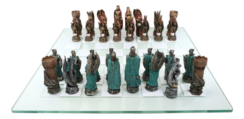 Tablero de cristal con piezas de ajedrez pintadas a mano de los dragones de Merlín del Rey Arturo Morgan-6