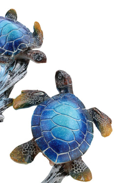 Nautical Blue Sea Turtle And Baby Swimming By Ocean Currents And Waves Figurine-3