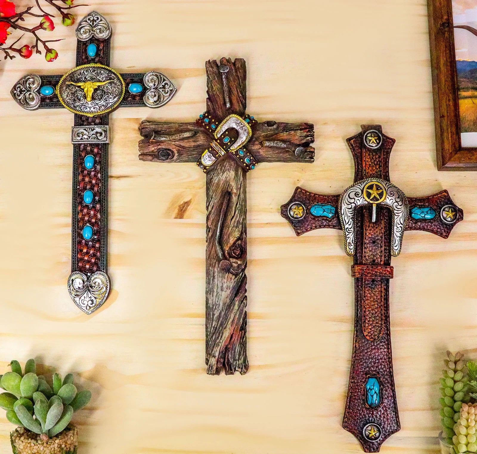 Set of 3 Rustic Western Turquoise Rocks Belt Buckle Conchos Wall Crosses Decor-1